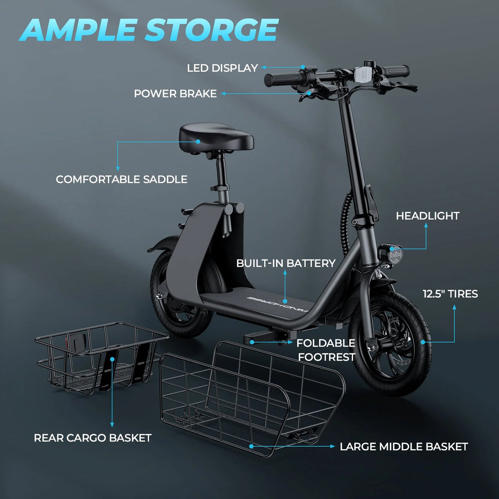 WINDHORSE Urban Cruiser Cargo Electric Scooter with Seat, 450W Brushless Motor, 20 Miles Max Range, 20 MPH Max Speed
