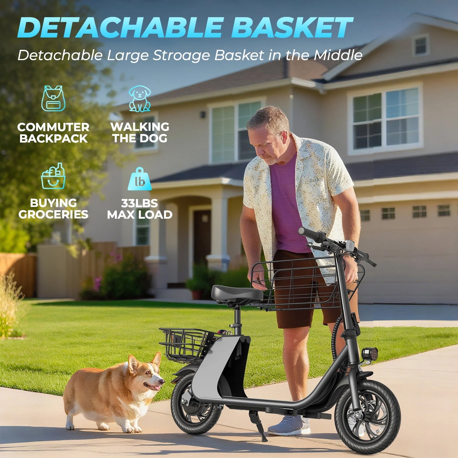 WINDHORSE Urban Cruiser Cargo Electric Scooter with Seat, 450W Brushless Motor, 20 Miles Max Range, 20 MPH Max Speed