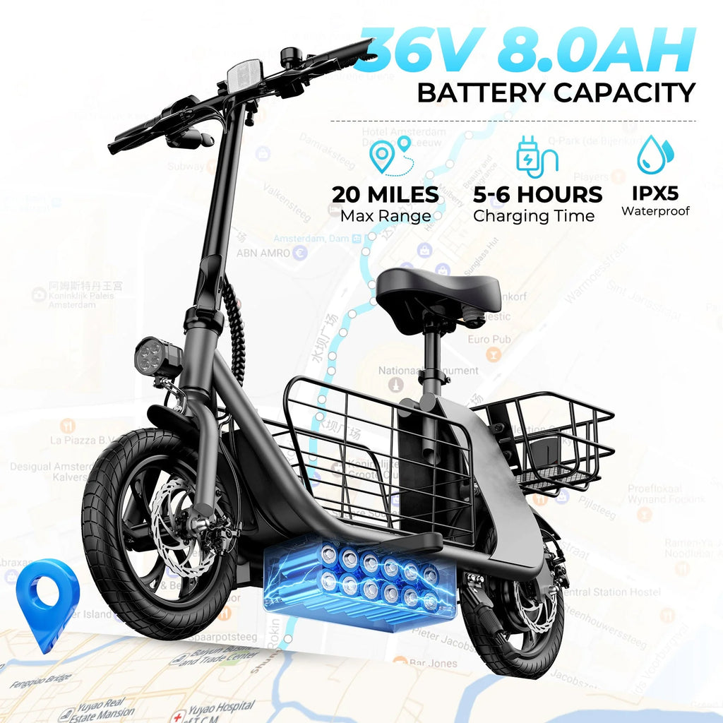 WINDHORSE Urban Cruiser Cargo Electric Scooter with Seat, 450W Brushless Motor, 20 Miles Max Range, 20 MPH Max Speed