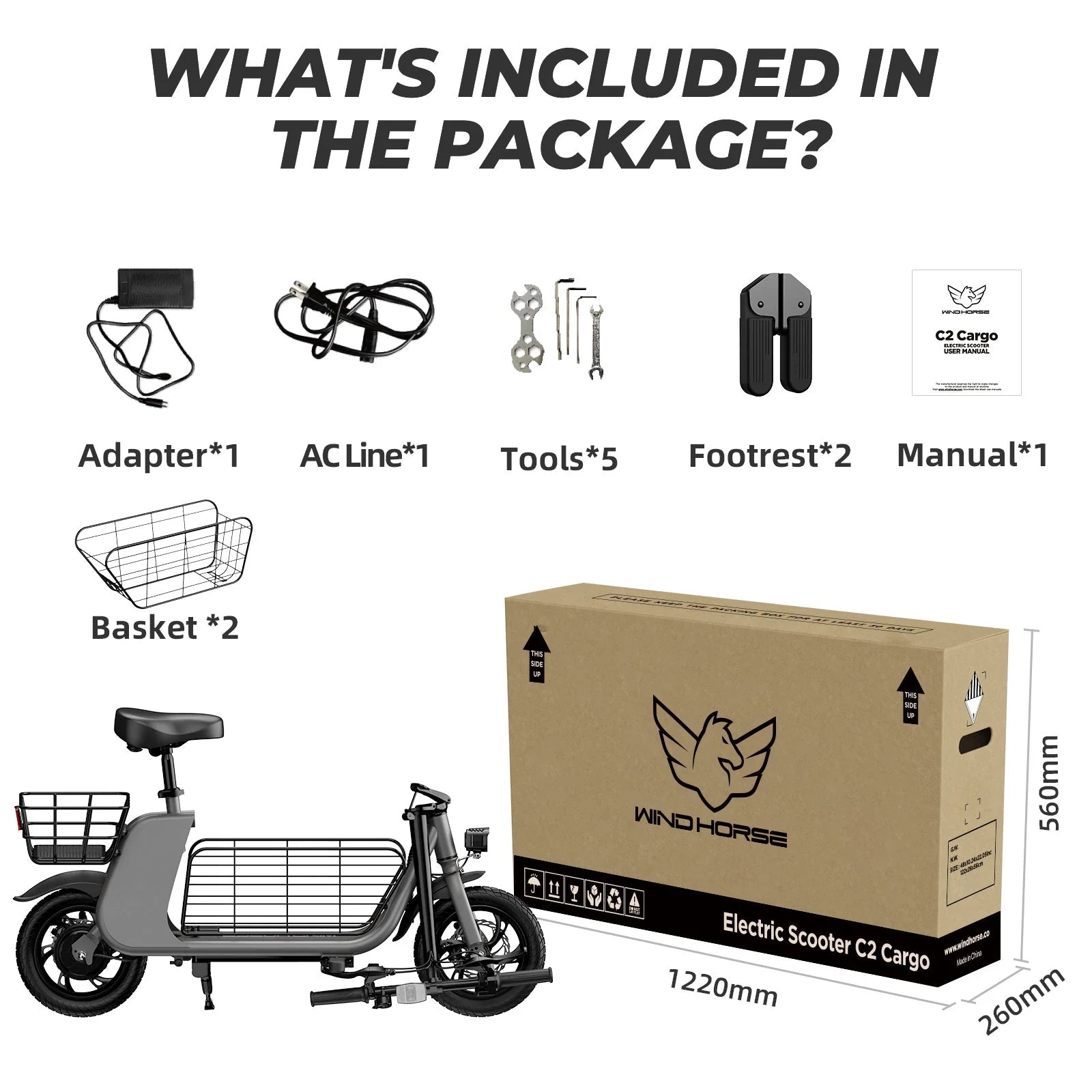 WINDHORSE Urban Cruiser Cargo Electric Scooter with Seat, 450W Brushless Motor, 20 Miles Max Range, 20 MPH Max Speed