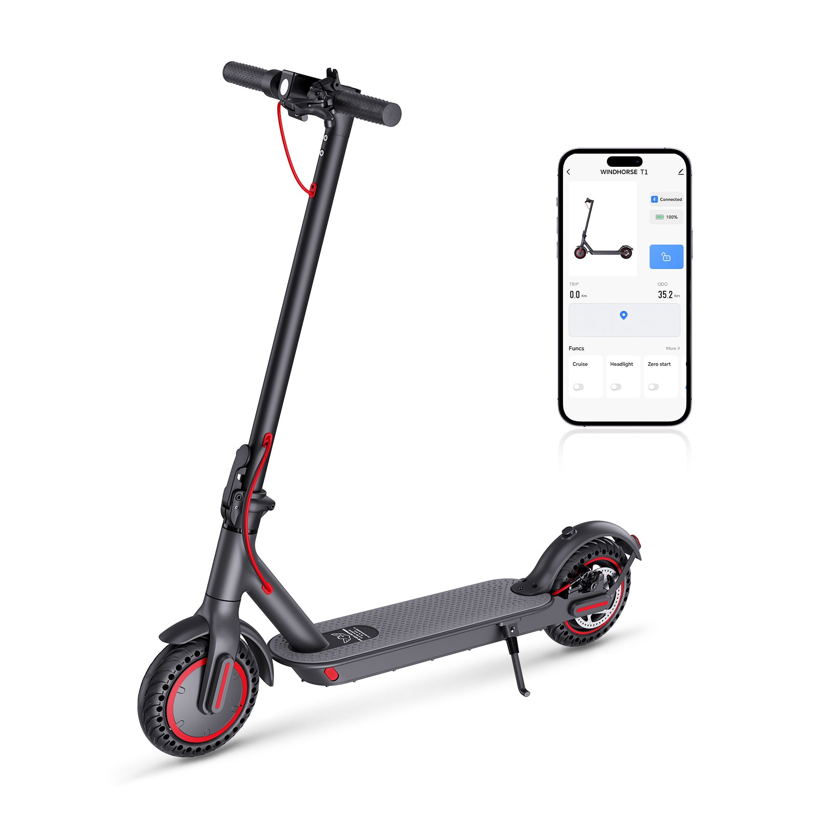 Windhorse T1 350W Brushless Motor Foldable Electric Kick Scooter - 15.5 MPH Top Speed with 8.5" Solid Tire Commuter