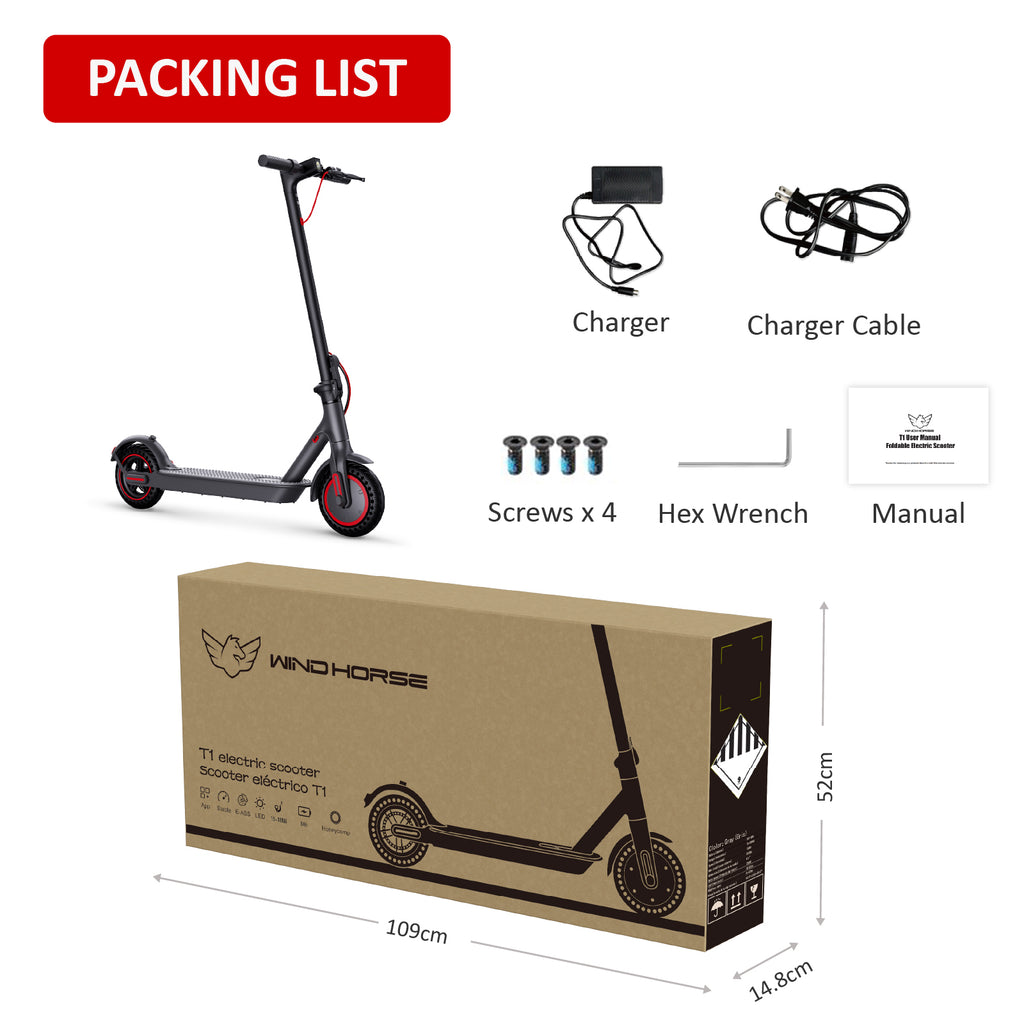 Windhorse T1 350W Brushless Motor Foldable Electric Kick Scooter - 15.5 MPH Top Speed with 8.5" Solid Tire Commuter