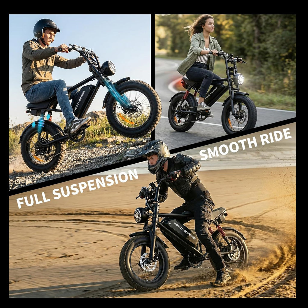 WINDHORSE V8 Electric Bike - 750W Motor - 48V 15.6Ah 748.8Wh Removable Battery - 7-speed drivetrain - Full Suspension