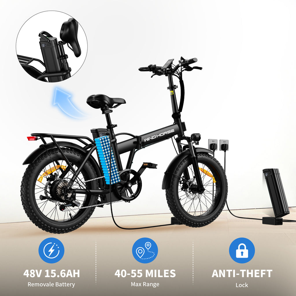 Windhorse W4A 20" Fat Tire 7-Speed Foldable Electric Bike - 720W Motor - 48V 15.6Ah Removeable Battery, 40-70 Miles - 20