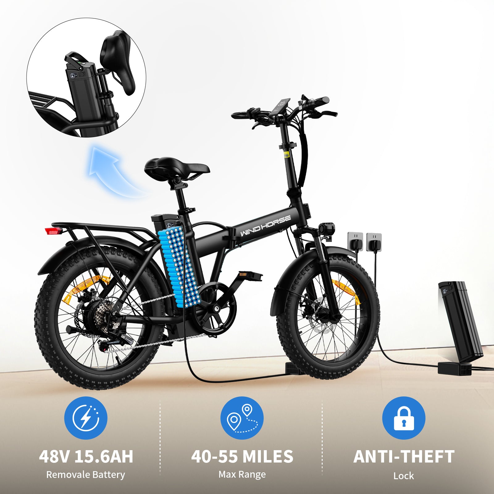 Windhorse W4A 20" Fat Tire 7-Speed Foldable Electric Bike - 720W Motor - 48V 15.6Ah Removeable Battery, 40-70 Miles - 20