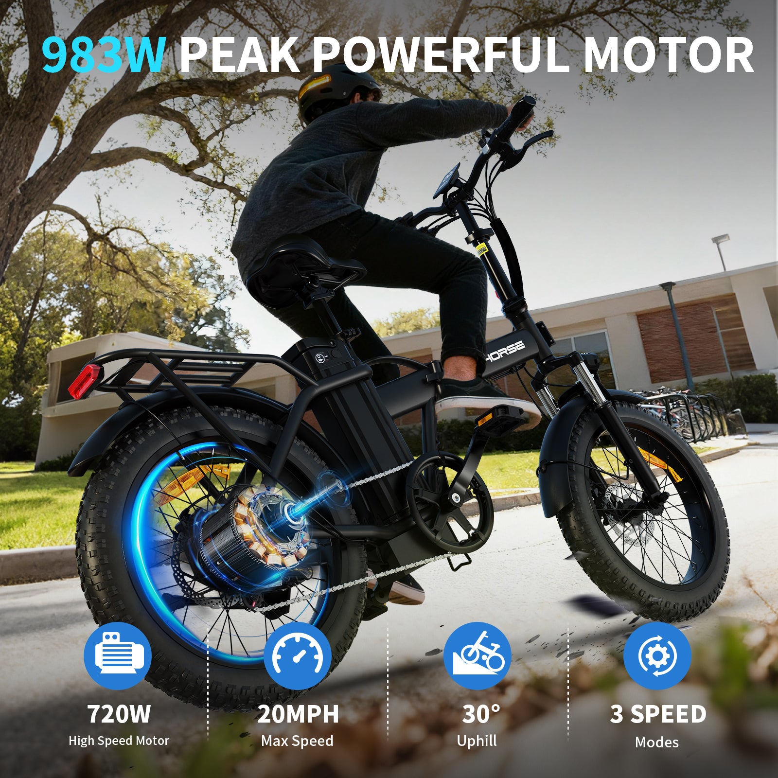 Windhorse W4A 20" Fat Tire 7-Speed Foldable Electric Bike - 720W Motor - 48V 15.6Ah Removeable Battery, 40-70 Miles - 20