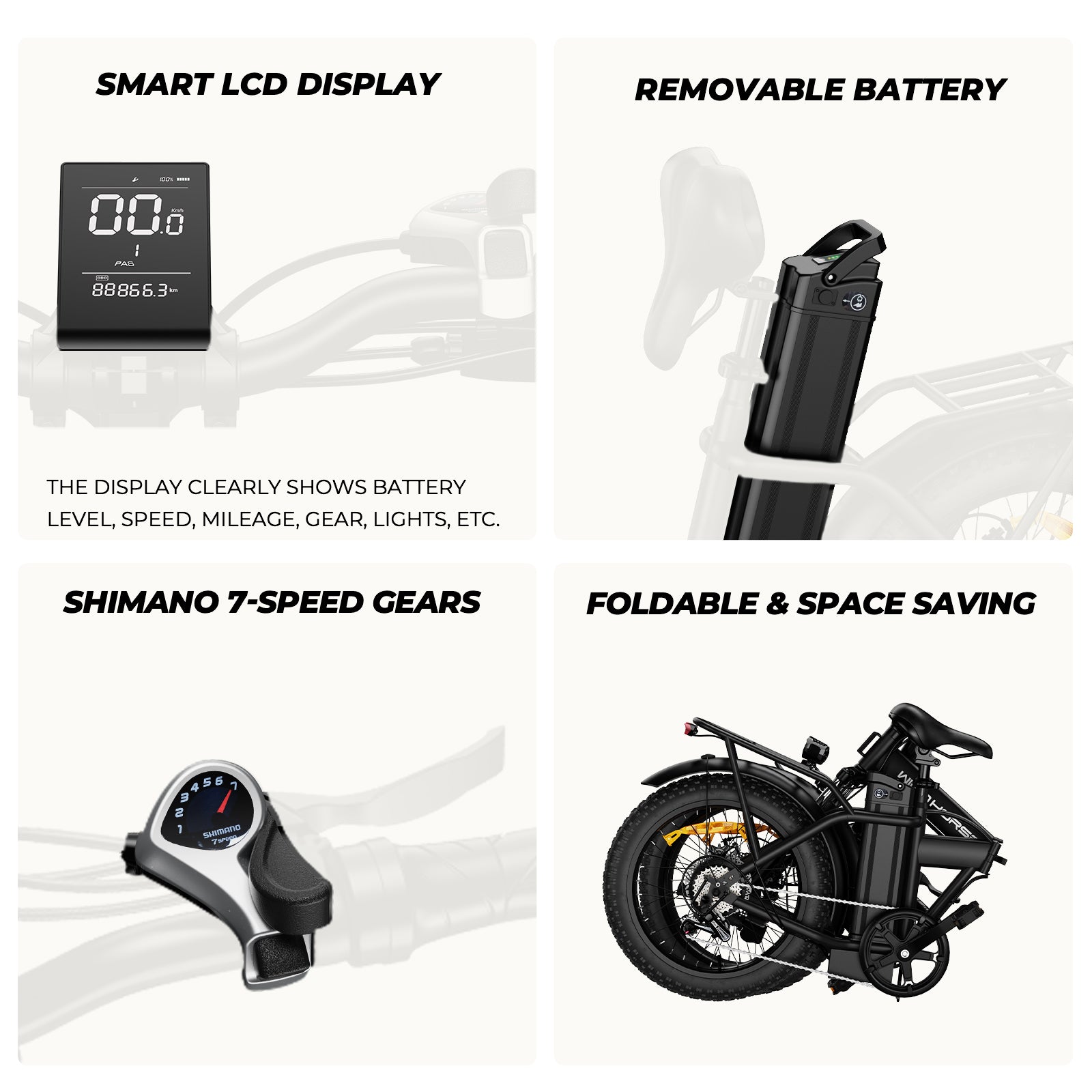 Windhorse W4A 20" Fat Tire 7-Speed Foldable Electric Bike - 720W Motor - 48V 15.6Ah Removeable Battery, 40-70 Miles - 20