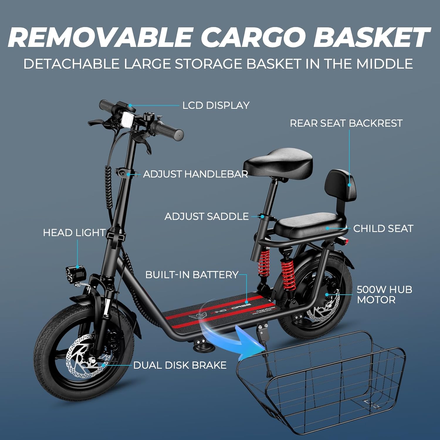 Windhorse C3 Electric Scooter 500W Electric Scooter with Seat - 20MPH & 20 Miles Max Range - Dual Suspension - Rear Passenger Seat