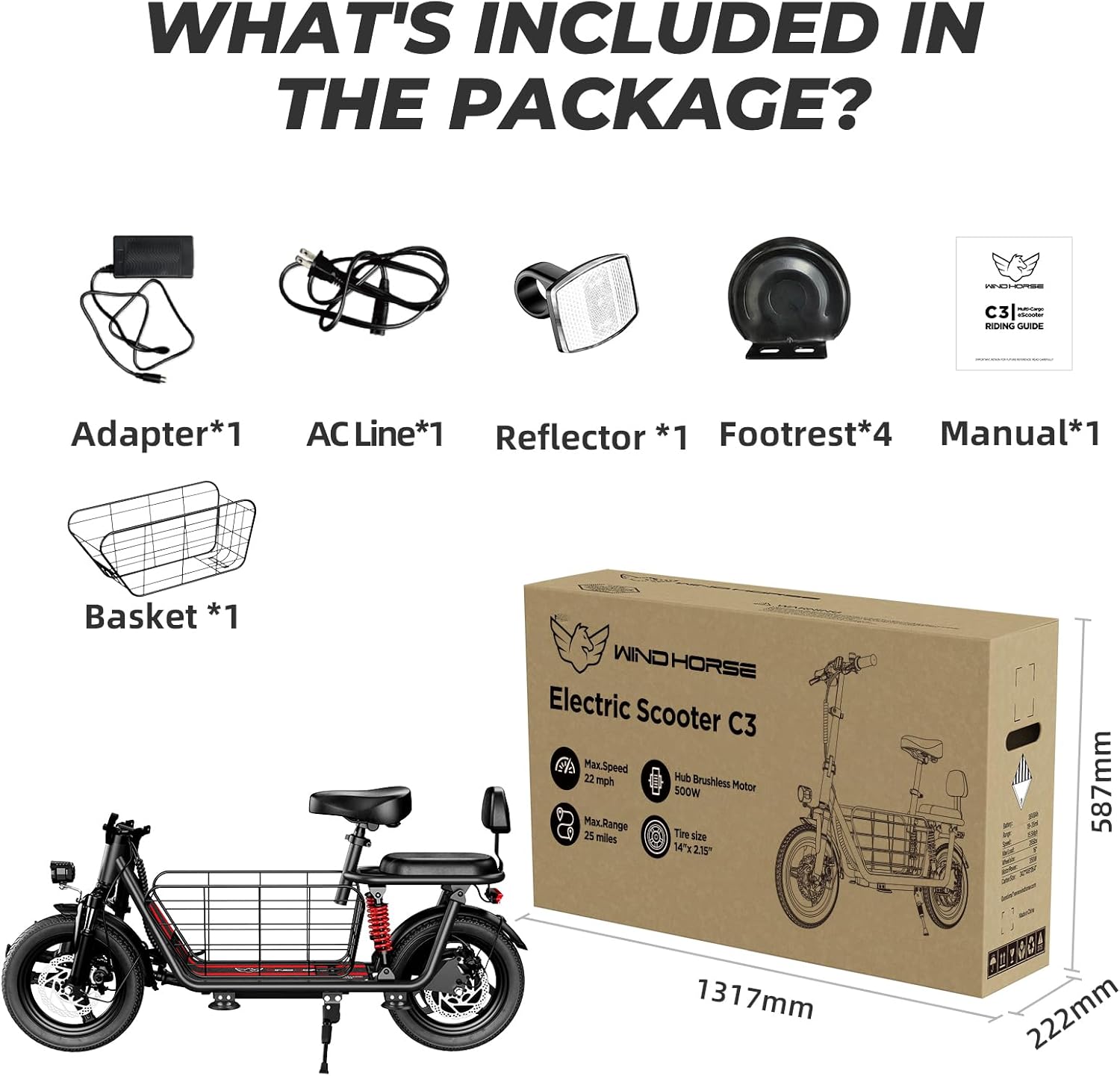 Windhorse C3 Electric Scooter 500W Electric Scooter with Seat - 20MPH & 20 Miles Max Range - Dual Suspension - Rear Passenger Seat
