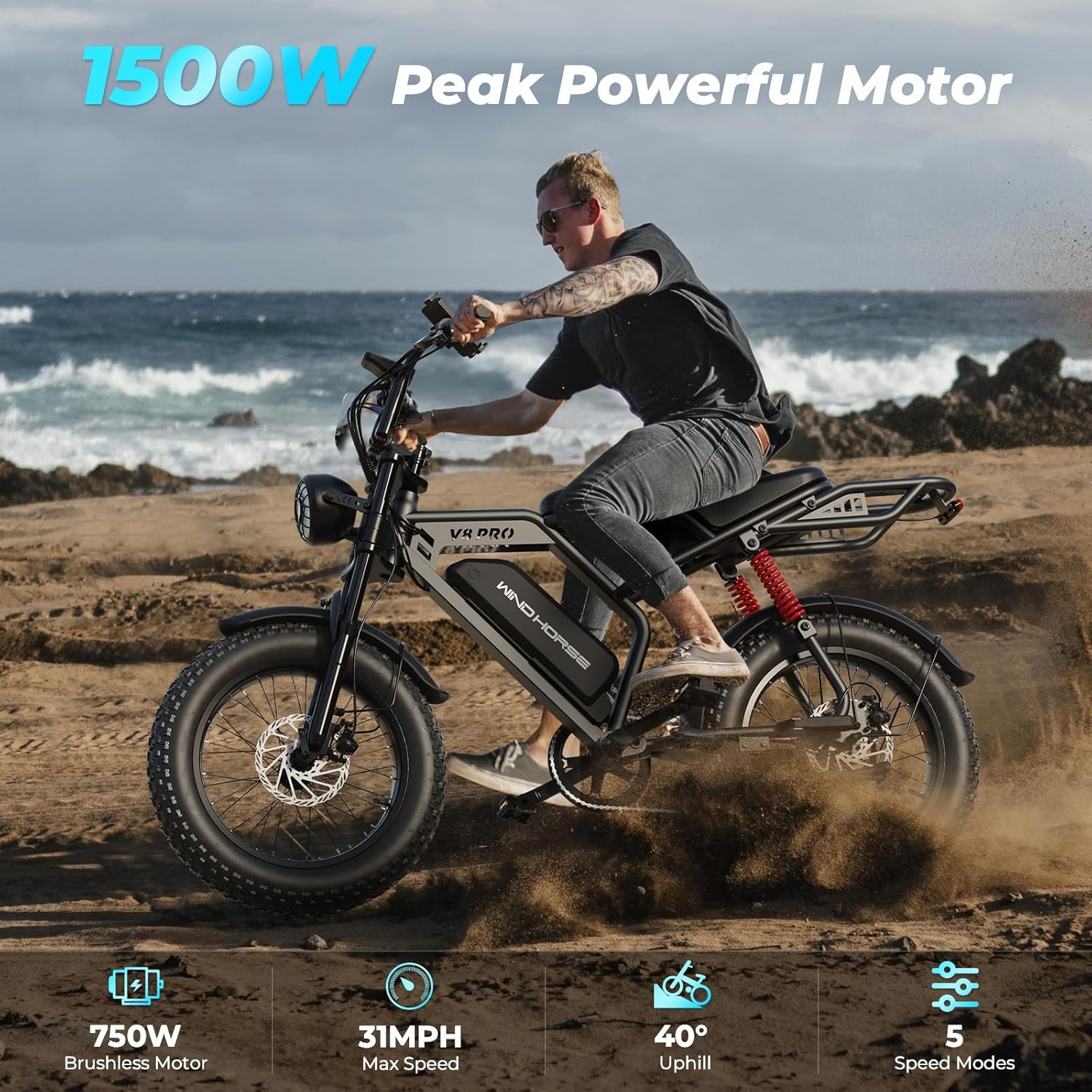 WINDHORSE V8 Pro Electric Bike - 750W Motor - 48V 15.6Ah 748.8Wh Removable Battery - 7-speed drivetrain - Full Suspension