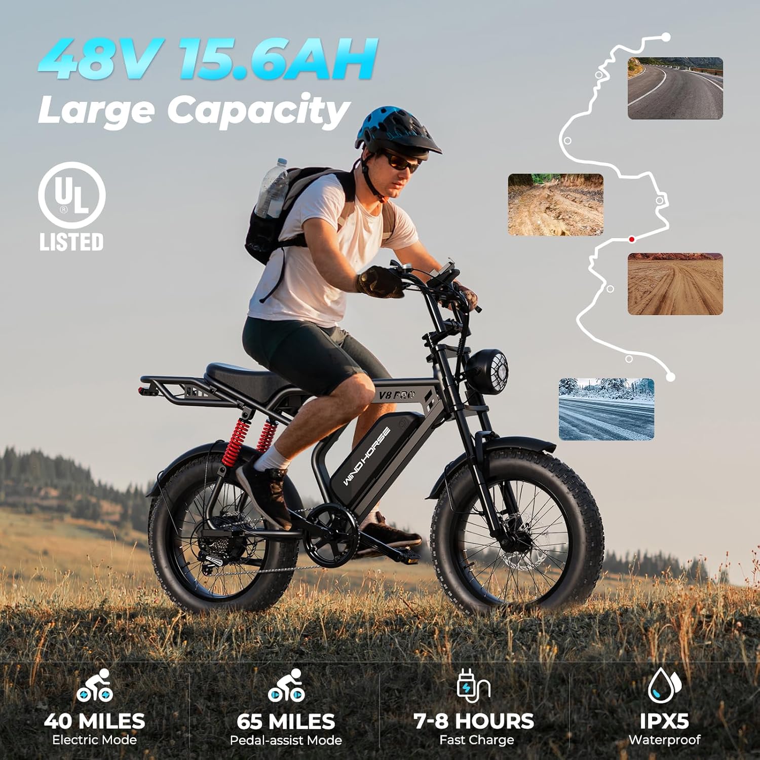 WINDHORSE V8 Pro Electric Bike - 750W Motor - 48V 15.6Ah 748.8Wh Removable Battery - 7-speed drivetrain - Full Suspension