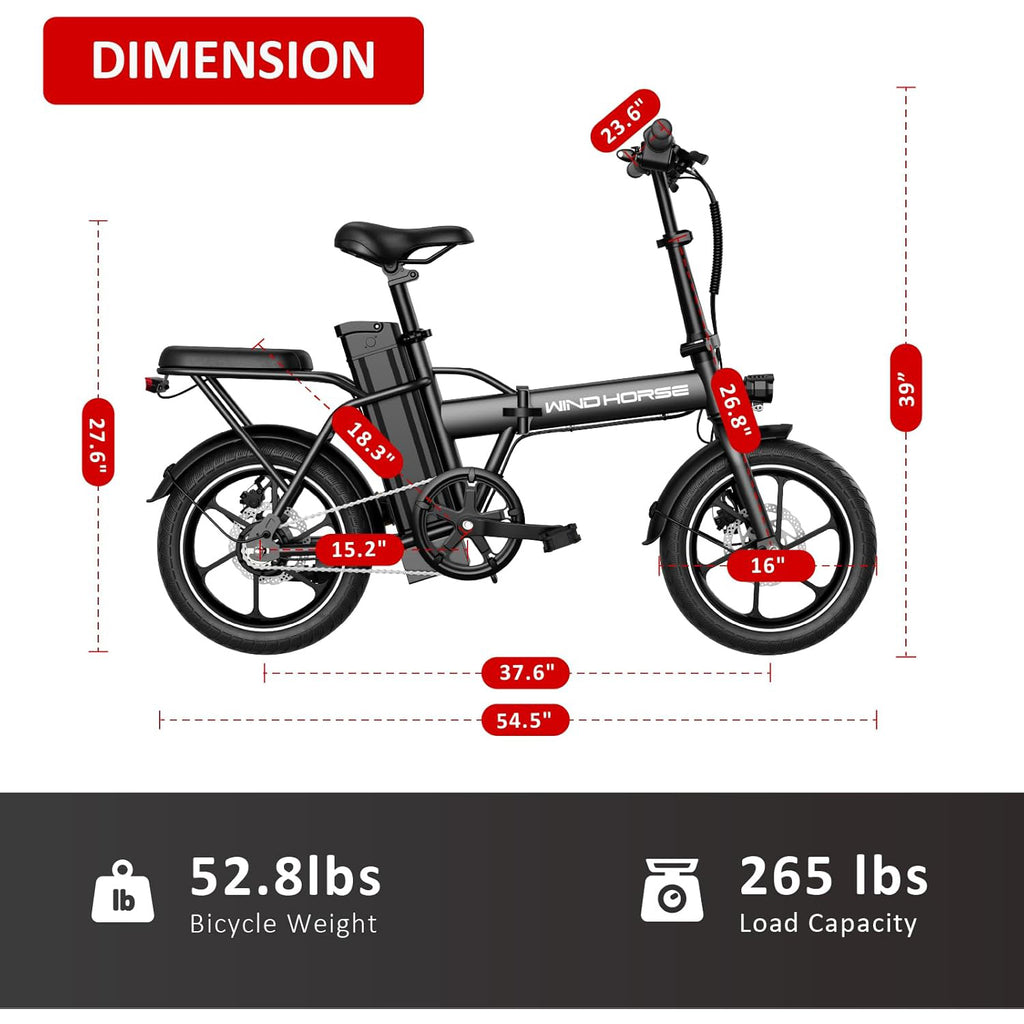 WINDHORSE 16" Folding Electric Bike for Adults, 630W Peak Power, 20MPH, 35-Mile Range, 288Wh Removable Battery with Lock