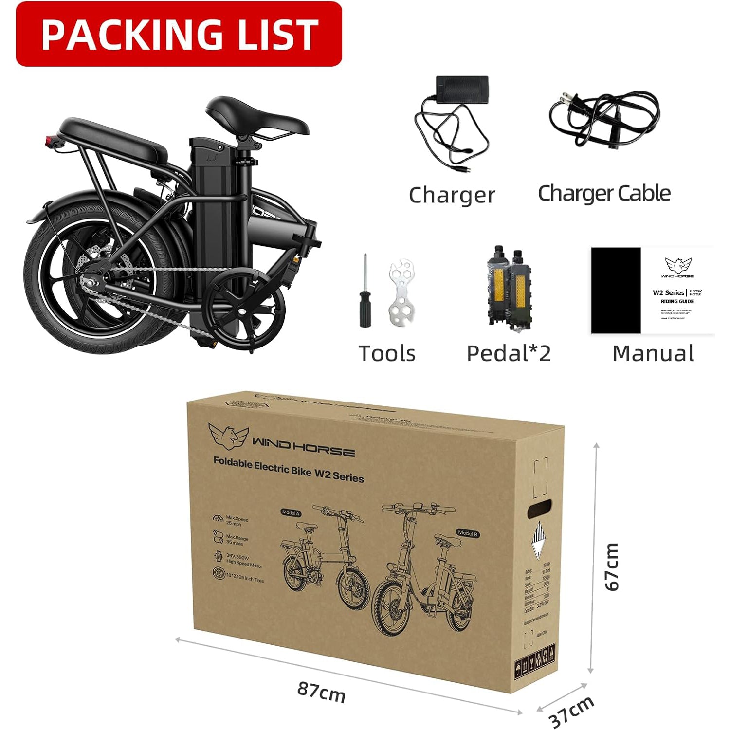 WINDHORSE 16" Folding Electric Bike for Adults, 630W Peak Power, 20MPH, 35-Mile Range, 288Wh Removable Battery with Lock