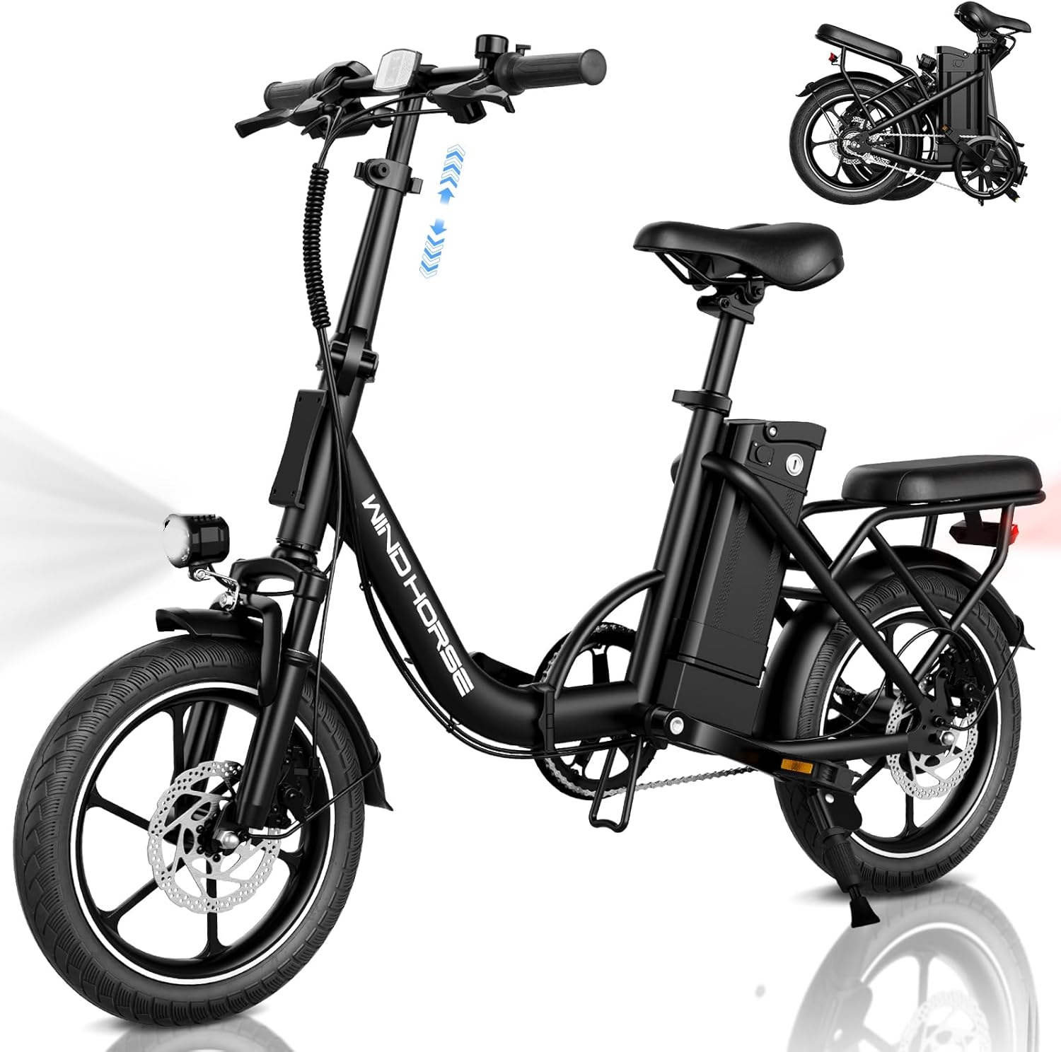 WINDHORSE 16" Folding Electric Bike for Adults, 630W Peak Power, 20MPH, 35-Mile Range, 288Wh Removable Battery with Lock