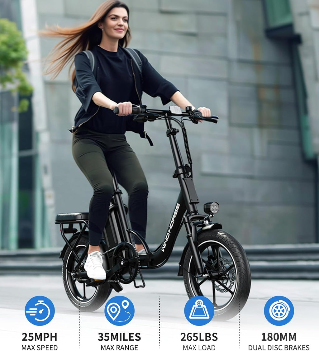WINDHORSE 16" Folding Electric Bike for Adults, 630W Peak Power, 20MPH, 35-Mile Range, 288Wh Removable Battery with Lock