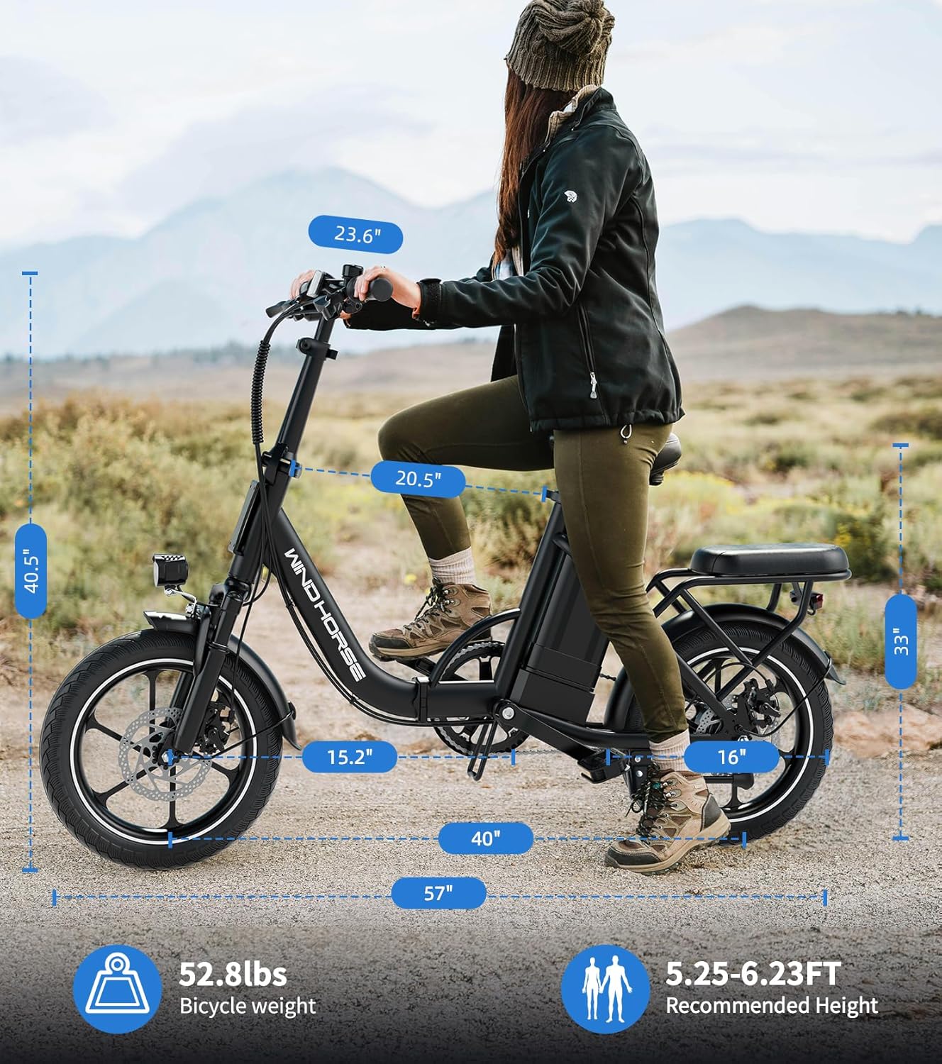 WINDHORSE 16" Folding Electric Bike for Adults, 630W Peak Power, 20MPH, 35-Mile Range, 288Wh Removable Battery with Lock